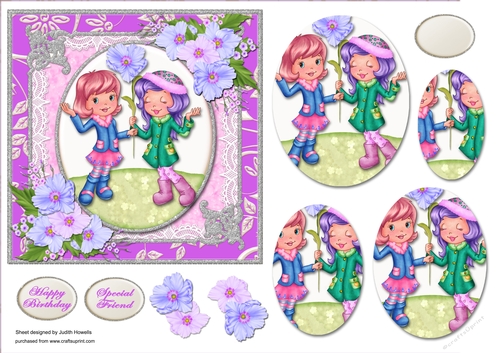 Cute Friends Lilac Square Pyramid Card Front
