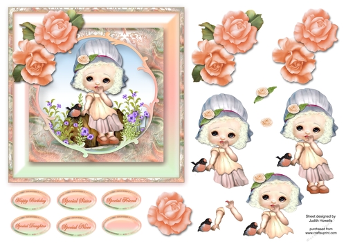Sweet Girl And Bird Square Card Front