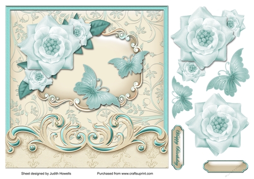Turqoise Butterflies And Flowers Large Card Front