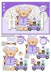 Lilac Gardening Bear Card Front