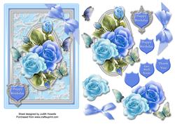 Blue Roses Butterflies and Bow Card Front