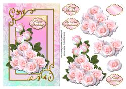 Pink Rose Bouquet in Leaf and Gold Frame Card Front