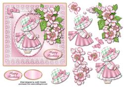 Pink Plaid Sue and Apple Blossoms Card Front
