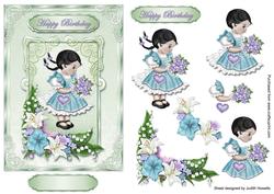Cute Girl with Flowers in Blue Dress Card Front