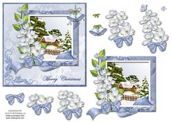 Blue Christmas Scene and Flowers Card Front
