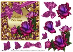 Twilight Roses and Bow on Gold Frame Card Front