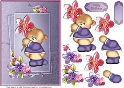 Cute Bear with Flower Lilac Card Front