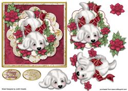 Puppy with Roses on Scalloped Panel Card Front