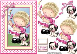 Cute Girl and Puppy in Pink Card Front