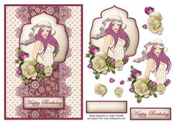 Maroon Fashion Girl with Roses Card Front