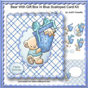 Bear with Gift Box in Blue Scalloped Card Kit