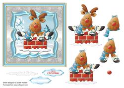 Reindeer on Chimney Blue and Silver Card Front