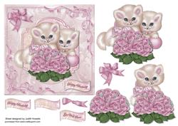 Kittens with Pink Rose Bouquet Card Front