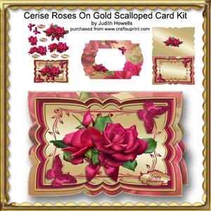 Cerise Roses on Gold Scalloped Card Kit