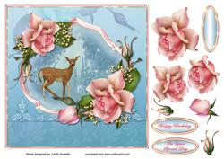 Deer and Pink Roses on Blue Card Front