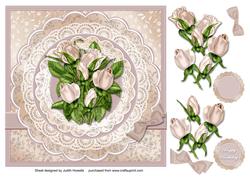 Cream Rosebuds on Scalloped Panel Large Card Front