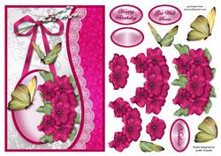 Cerise Flowers and Butterflies Waved Border Card Front