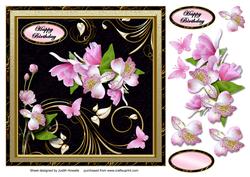 Pink Flowers on Black and Gold Large Card Front