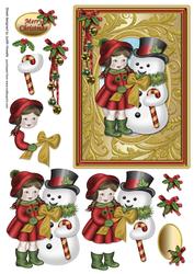 Girl with Snowman Gold 7 x 5 Card Front