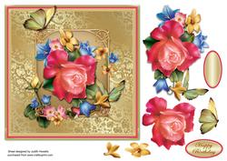 Rosy Bouquet on Gold Square Card Front