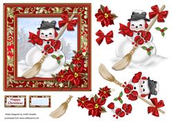 Sweeping Snowman and Poinsettia Red Card Front