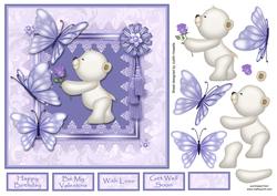 Bear with Rose and Butterflies Lilac Card Front