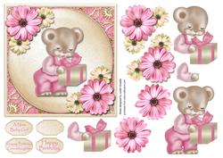 Pink Bear with Gift Square Card Front
