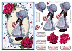 Girl with Flowers in Blue Card Front