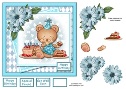 Blue Bear With Cake Layered Panels Card Front