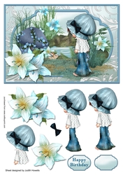 Blue Girl Finds Bunny Large Card Front