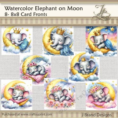 Watercolor Boy and Girl Elephants on the Moon