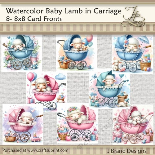 Watercolor Boy and Girl Lambs in a Stroller