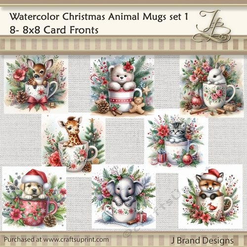 Watercolor Christmas Animals in Mugs set 1