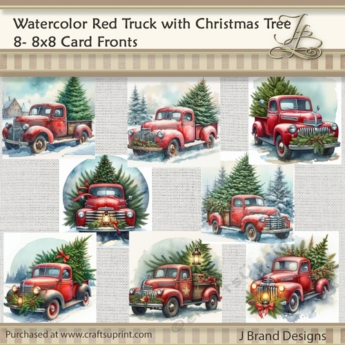 Watercolor Red Truck with Christmas Tree