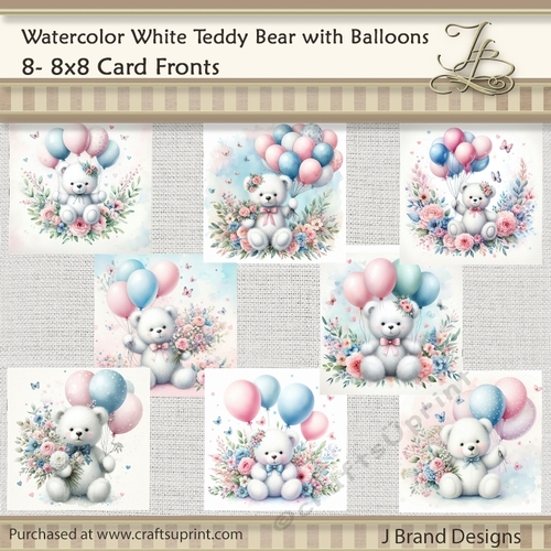 Watercolor White Teddy Bear with Balloons