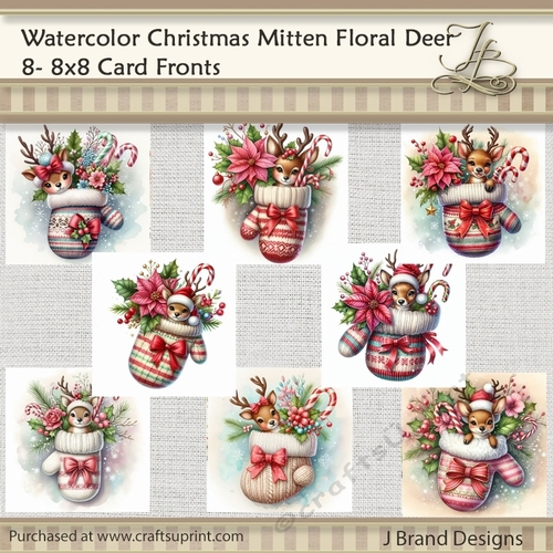 Watercolor Christmas Mitten Floral Deer 