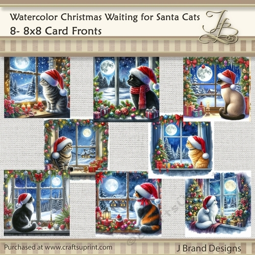 Watercolor Christmas Waiting for Santa Cats