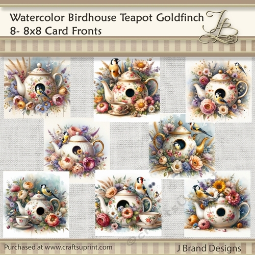 Watercolor Birdhouse Teapot Goldfinch