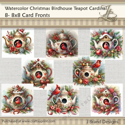 Watercolor Christmas Birdhouse Teapot Cardinal