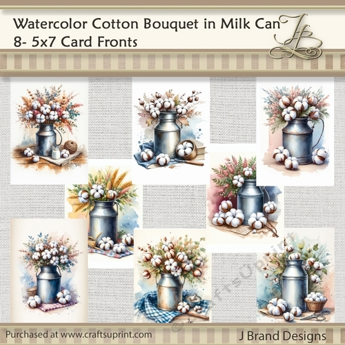 5x7 Watercolor Cotton Bouquet in a Milk Can