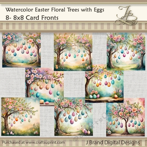 Watercolor Flowering Trees with Easter Eggs