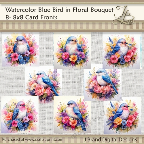 Watercolor Blue Bird in a Floral Bouquet