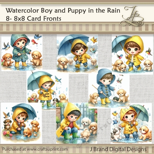 Watercolor Boy and Puppy in the Rain