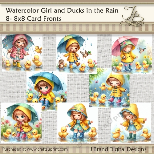 Watercolor Girl and Ducks in the Rain
