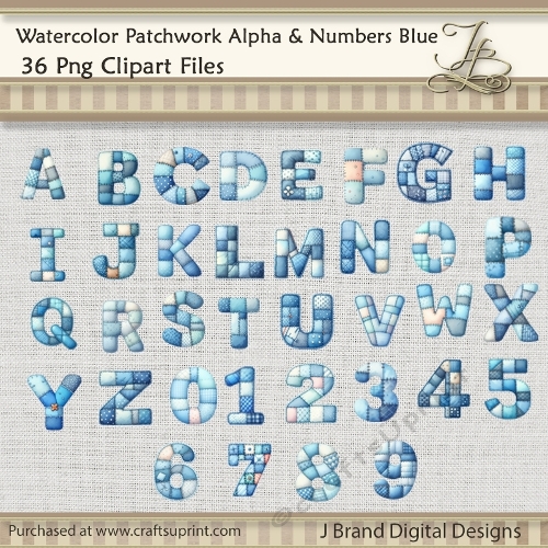 Watercolor Patchwork Alpha & Numbers Blue