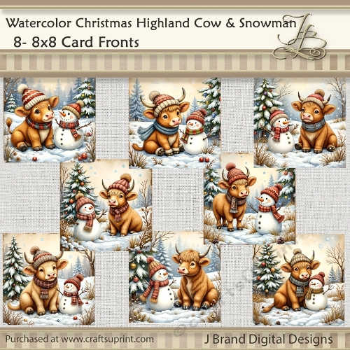 Watercolor Christmas Highland Cow and Snowman