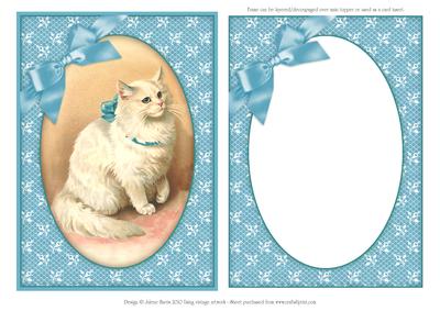 Sophisticated Cat in Blue Ribbon - Framed Card Front