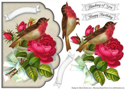 Beautiful Bird on Red Roses - Scalloped Edge Card
