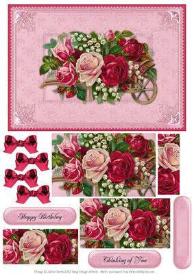 Elegant Wheelbarrow of Roses - Card Front with Pyramid