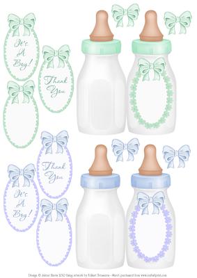 Mini Baby Bottle - Folded Cards - Green and Blue